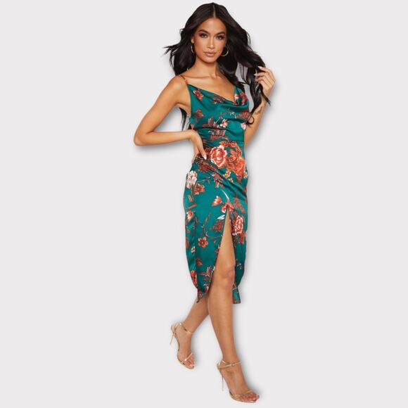 PrettyLittleThing NWT Emerald Green Floral Strappy Satin Cowl Midi Dress sz 10 - Picture 1 of 10